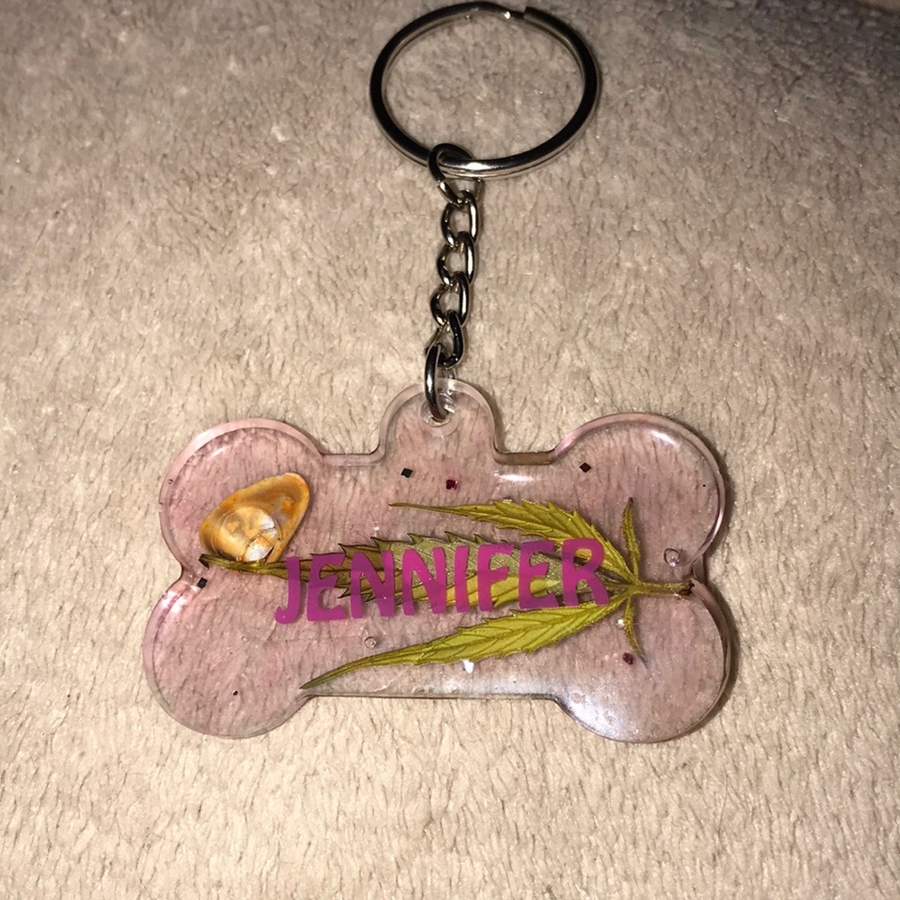 Custom Epoxy JENNIFER keychain bone shape with shell 🐚 and leaf by Jennifer 💕